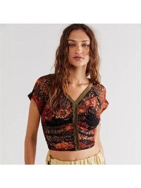 NWT Free People Black Orange Boho Sheer Lace Top Women M Ruched Cropped Floral